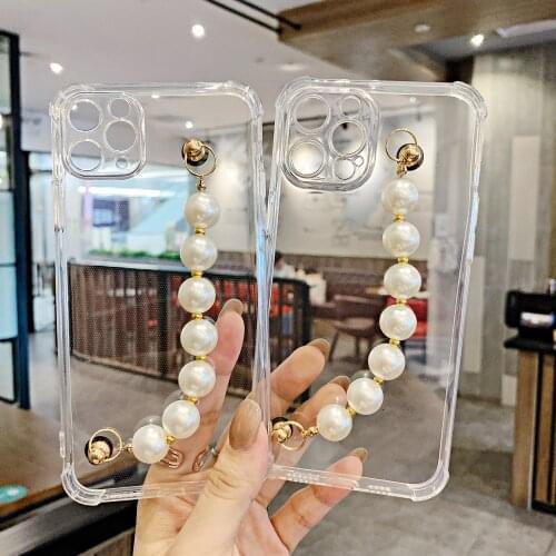 6D White Pearl Bracelet Wrist Chain Case for Xiaomi Redmi Note 10 9 S 9T 9A 9C 8 8T 8A 7 7A 6 6A 5 Pro 5 Plus Transparent Cover