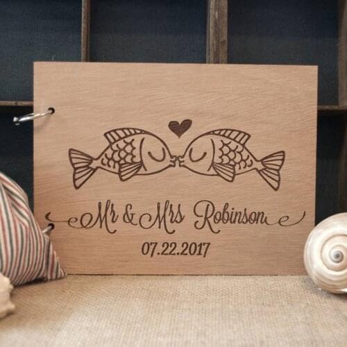 Customized wood wedding guest book , rustic beach wedding destination wedding , nautical decoration ,fishes in love guest book