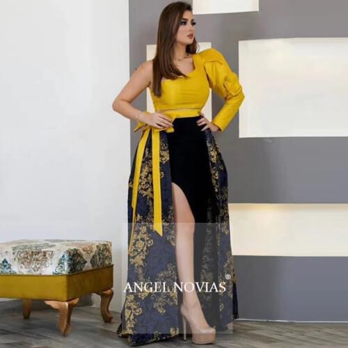 Long Elegant Dubai Arabic Evening Dresses 2020 with Slit One Shoulder Abendkleider Lace Women Gowns