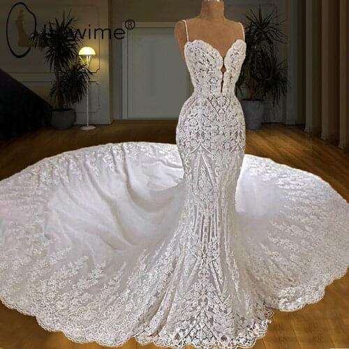 Dubai Ivory Mermaid Lace Wedding Dresses Spaghetti Straps Beading Bridal Gowns with Long Train