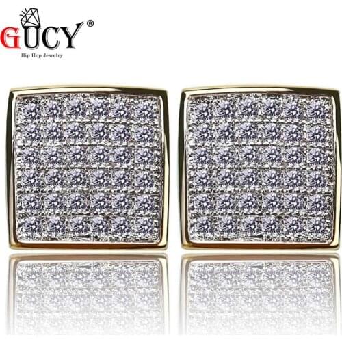 GUCY Gold Silver Color Plated Iced Out Bling Earring Micro Pave CZ Stone Lab D Stud Earrings With Screw Back Hip Hop Jewelry