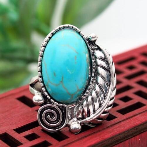 Retro natural turquoise ring creative relief leaf plating 925 retro Silver exaggerated Ring Factory wholesale