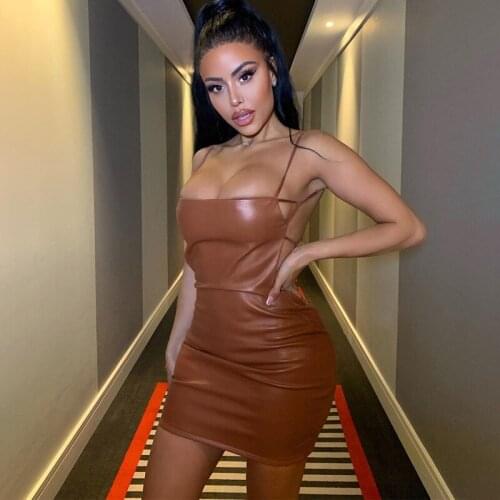 Leather Black Dress Spaghetti Strap Square Neck Slim Fit Backless Cut out Robe Short Dresses Women Sexy Party Outfits
