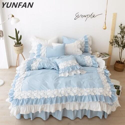 Pure cotton lace Bedding Sets blue Japanese Duvet Cover luxury Bed Linen princess bed skirt twin queen king wedding bedclothes