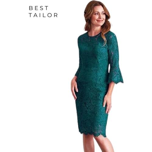 Lace Mother of the Bride Dresses for Weddings 2021 Knee Length Sheath Bell 3/4 Sleeve Emerald Green Formal Wedding Party Gown