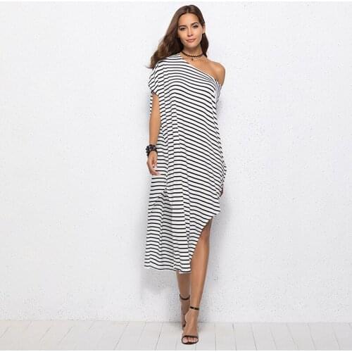 Summer Women Dress White Striped Long Shirt Dress Casual Irregular One Shoulder Beach Dresses 2019 Plus Size Sundress