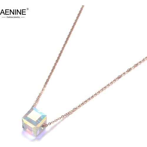 AENINE Trendy Sparkling Square CZ Crystal Pendant Necklaces For Women Rose Gold Titanium Stainless Steel Charm Necklace AN19130