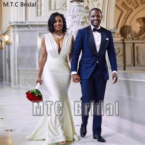 Ivory Mermaid African Bridesmaid Dress V Neck Backless Pleat Satin Long Maid Of Honor Wedding Party Dress Plus Size Formal Gown