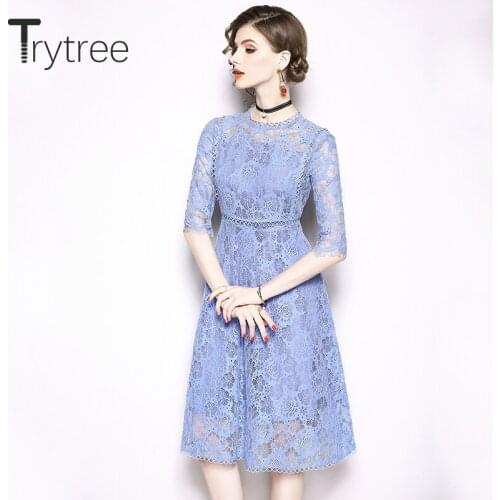 Trytree Summer Autumn Dress Elegant Lace Casual Solid Blue Hollow Out women dresses O-Neck Office Lady A-line Empire Dress
