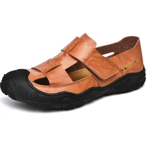 Fashion Hollow Out Flat Bottom Sandals Fashion Brown Balck Mens Casual Sandals Breathable Handmade Sewing Non-slip Sandals Men