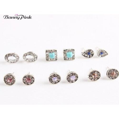 Banny Pink 6 Pairs/Set Alloy Geo Studs Earrings For Women Minimalist Rhinestone Resin Statement Post Earrings New Daily Jewelry