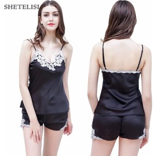 SHETELISI New Solid Color Embroidery Lace Satin Chiffon Womens Pajama Sets Pajamas with Sexy Short Pant sp0054