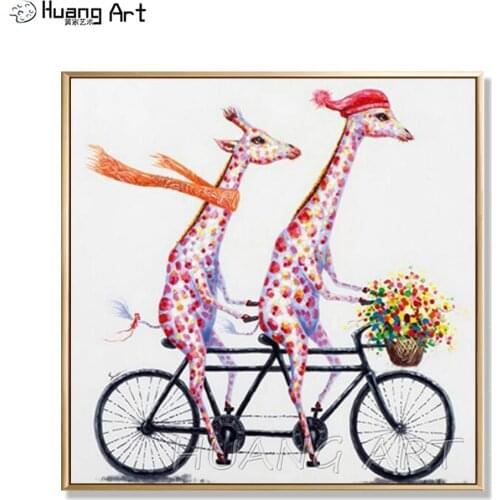 Modern Abstract Giraffe Animals Oil Painting for Room Decor Hand-painted 2 Giraffes Riding Bicycles Oil Painting on Canvas Art