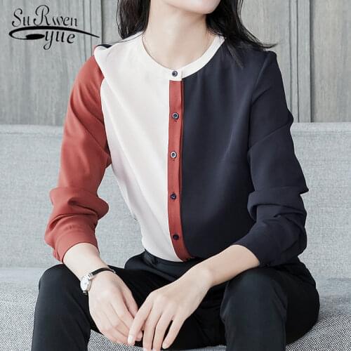 Stand Collar Long Sleeve Chiffon Blouses Plus Size Slim Patchwork Button Tops Autumn 2021 New Korean Loose Women Shirts 6644 50