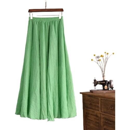 Mori girl literature and art cotton and linen skirt elastic waist A-line skirt mid-length pure color ethnic style big pendulum