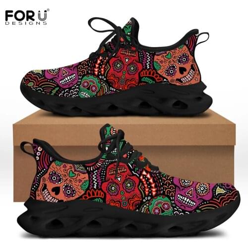 FORUDESIGNS Shoes Women Flats Breathable Light Sneakers Sugar Skull Pattern Ladies Lace Up Polynesian Style Round Toe Fit Shoes