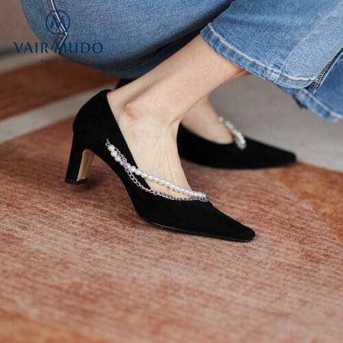 VAIR MUDO Women Pumps Shoes Spring Autumn Mary Janes Elegant White Casual Footwear Genuine Leather Women Shoes String Bead D231L