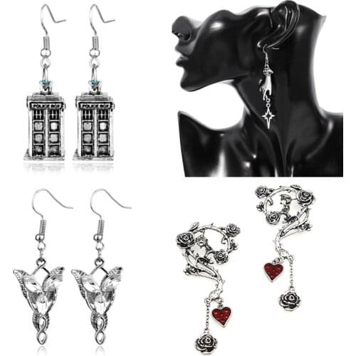 Punk Crystal Elf Dangle Earrings For Women Vintage Creative Finger Stars Halloween Rose Vine Heart Drop Earrings Jewelry New