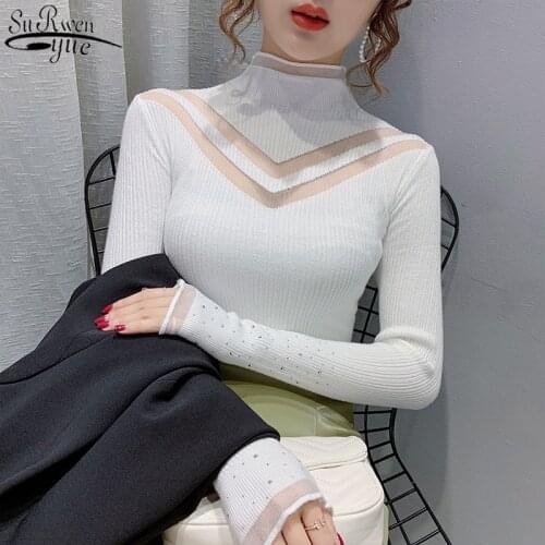 Autumn Fashion Women Long Sleeve Slim Knitted Sweater Womens Hollow Turtleneck Pullover Sweater Sexy Lace Winter Clothes 11558
