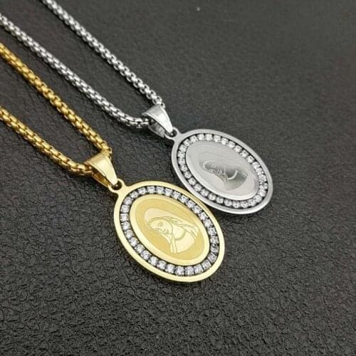 Religious Virgin Mary Pattern Pendant Necklace Womens Necklace Fashion Metal Crystal Inlaid Round Pendant Accessories Jewelry