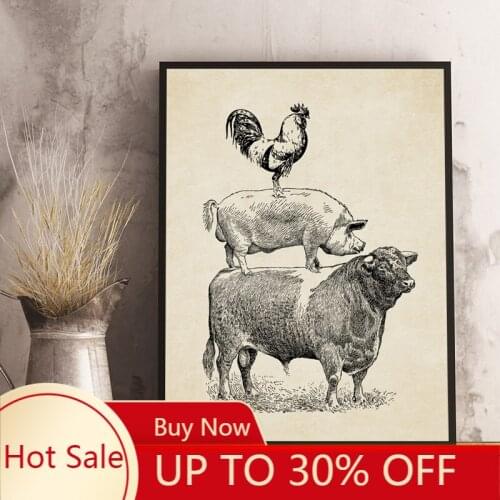 Canvas Painting Farm Poultry Cow Pig Chicken Vintage Poster Kitchen Decor French Country Farmhouse Retro Wall Art Picture Prints