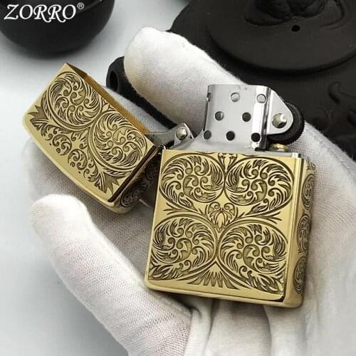 Zorro Copper Kerosene Lighter Scroll Tang Dynasty Grass Pattern Fine Five Sided Carving Collection Gasoline Lighter Gift