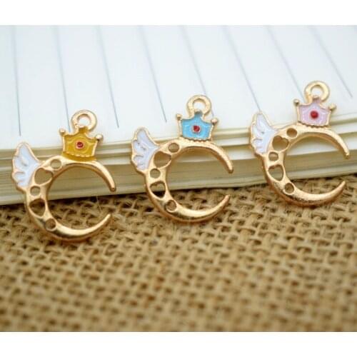 1PC Diy Korean Jewelry Accessories K Gold Oil Alloy Pendant Crown Wings Hollow Moon