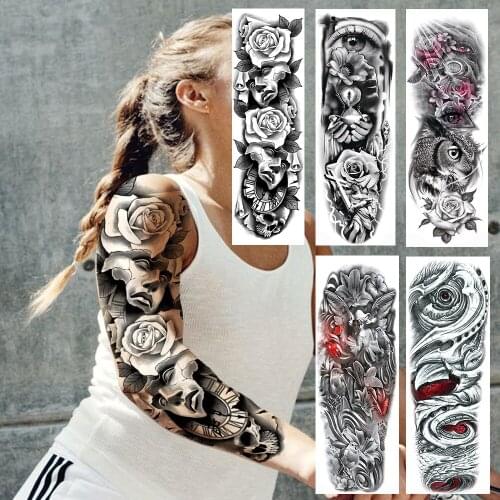 3D Black Mask Rose Tattoos Sticker For Women Men Fake Large Full Arm Tatoos Eyes Mechanic Clock Sleeve Body Art Temporary Tatoos