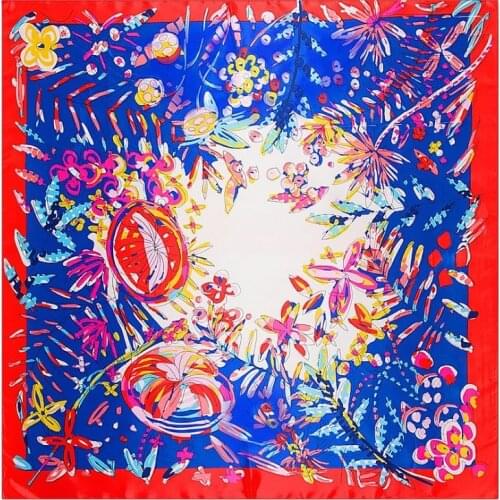 90x90cm Fashion Square Scarf New Tropical Flower Silk Scarf For Women Hijab Shawl Luxury Brand Foulard Plaid Scarves Wraps