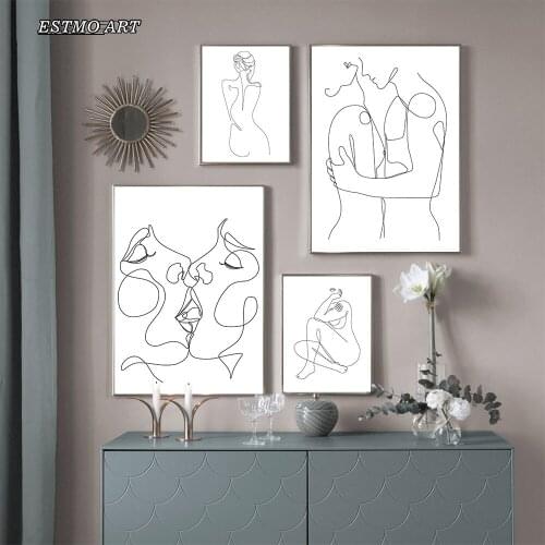 Abstract Black White Couple Line Canvas Painting HD Poster and Prints living room wall Modern art Figure Decorative Paintings