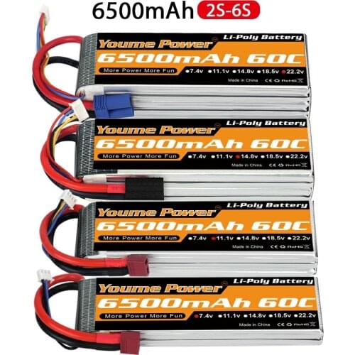 YOUME RC Lipo 2S 3S 4S Battery 5S 6S 7.4V 11.1V 14.8V 18.5V 22.2V 6500mAh 60C XT60 for Traxxas Slash Car X-Max FPV 450 500 Boat