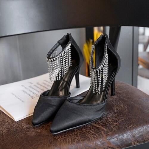Elegant Women Satin Ankle Rhinestone Tassels High Heel Sandals Stiletto Back Zipper Pointed Toe 8cm Ladies Pump Party Shoes