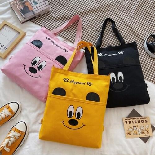 Mickey smiley printed canvas bag large-capacity cloth bag student backpack multi-purpose one-shoulder messenger handbag backpack