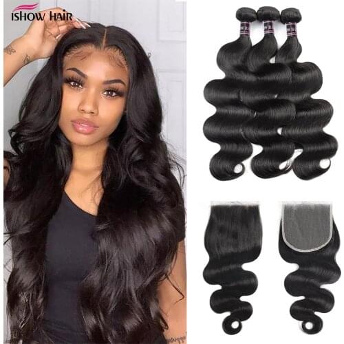 Ishow Peruvian Body Wave 4 Bundles With Lace Closure Free Middle Three Part Non Remy Human Hair Bundles With Closure Baby Hair