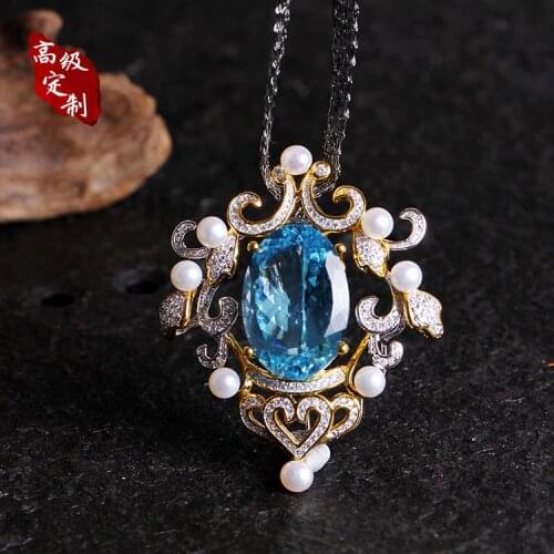 Retro Jewelry Private Customized S925 Sterling Silver Inlay Natural Topaz Pendant And Brooch Dual-use Handmade Carving Pendant