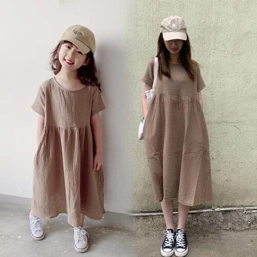 Summer Children Wear Japanese Girl Dress Parent-child Wear Solid Cotton Linen Short Sleeve Long Women Dress Mommy And Me Clothes