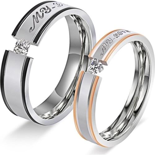 Trendy Heart AAA Cubic Zircon Rhinestone Stainless Steel Couple Rings for Women Men Wedding Engagement 1 Piece
