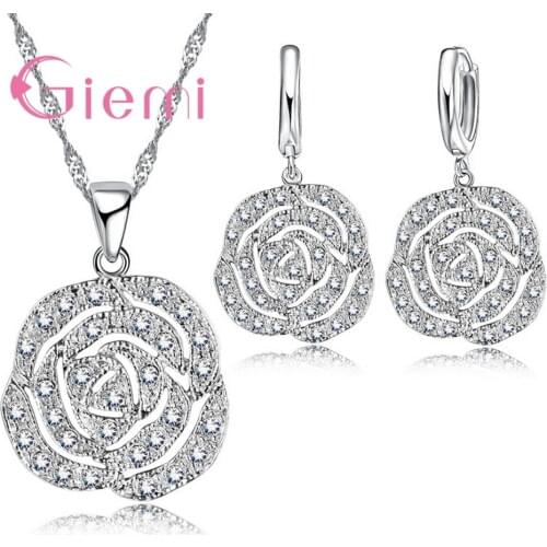 Rose Shape Crystal 925 Sterling Silver Jewelry Sets Pretty Wedding Engagement Accessories Pendant Necklace Hoop Earrings