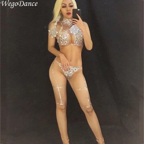 New Sparkling Silver Crystals Bodysuit Jazz Dance Women Nude Jumpsuit DJ Bar Show Sexy Nightclub DS Singer Rave Clothes