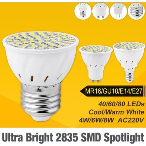 TSLEEN 4W 6W 8W E27 E14 GU10 MR16 AC 220V LED Lamp Spotlight 48LED 60LED 80LED 2835 SMD bulb Chandelier Replace Halogen Lights