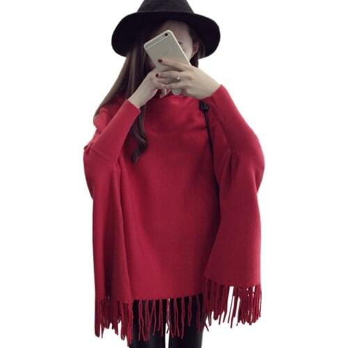 Sweater Women 2021 High Collar Fringed Cloak Bat Sleeve Long Shirt Spring Autumn Korean Sweaters Shawl Clothing Vestidos MMY234