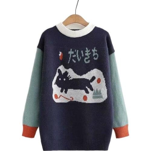 Sweater Oversize Women Harakuju Sweaters Cat Embroidery Jacquard Jumper Casual Knitted Pullover 2021 Winter Warm Woman Sweaters