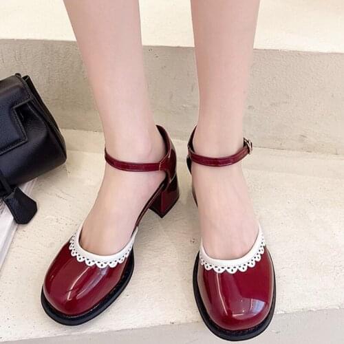 Rimocy Patent Leather High Heels Mary Jane Shoes Women Fashion Round Toe Ankle Strap Pumps Woman Sweet Lace Shallow Pumps Ladies