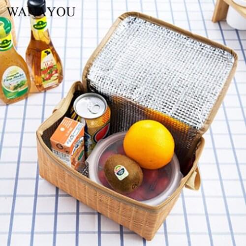 Outdoor Waterproof Picnic Bags,Large Capacity Imitation Rattan Woven Portable Lunch Bags,Heat preservation Camping Accessories