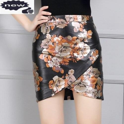 2021 New Fashion Floral Print Design Black Genuine Leather Skirts Mini Pencil Skirt Faldas Sheepskin Bottom Free Ship High Waist
