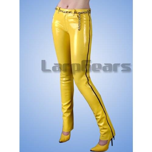 Yellow Latex rubber pants with zipper for women casual style trousers without the metal belt