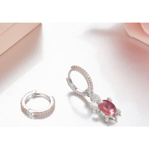 SLJELY Fashion Asymmetry Cute Pink Sea Turtle Drop Earrings Paved Cubic Zirconia for Women Girls 925 Sterling Silver Jewelry