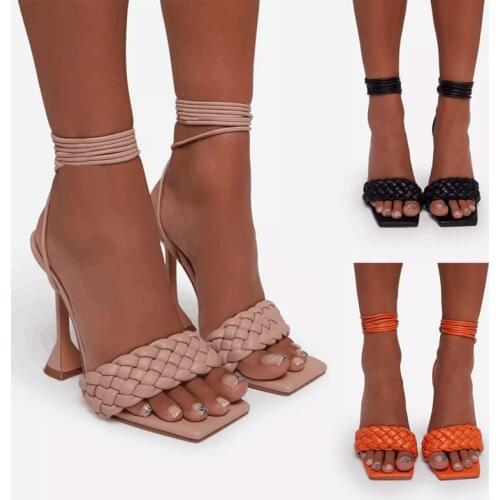 Women Sandals Weave Heels Ladies Summer Shoes Black Apricot Luxury Gladiator Ankle Strappy Heels Nightclub Stripper Sandals big