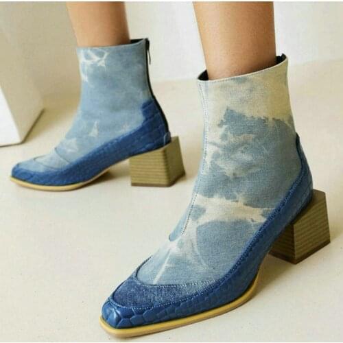 2021 PU Leather Women Ankle Boots Comfortable Thick Heel Ladies Short Boots Square Toe Back Zipper Womens Shoes Black Blue Red