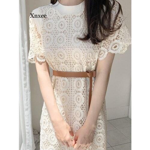 Maxi Dress Beige Vintage Was Thin Elegant Korea Loose High Waist Slim Floral Office Summer Hollow Out Lace Women Japan
